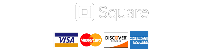 Online payment logos: PayPal, Square, Zelle, Visa, Mastercard, Discover, American Express